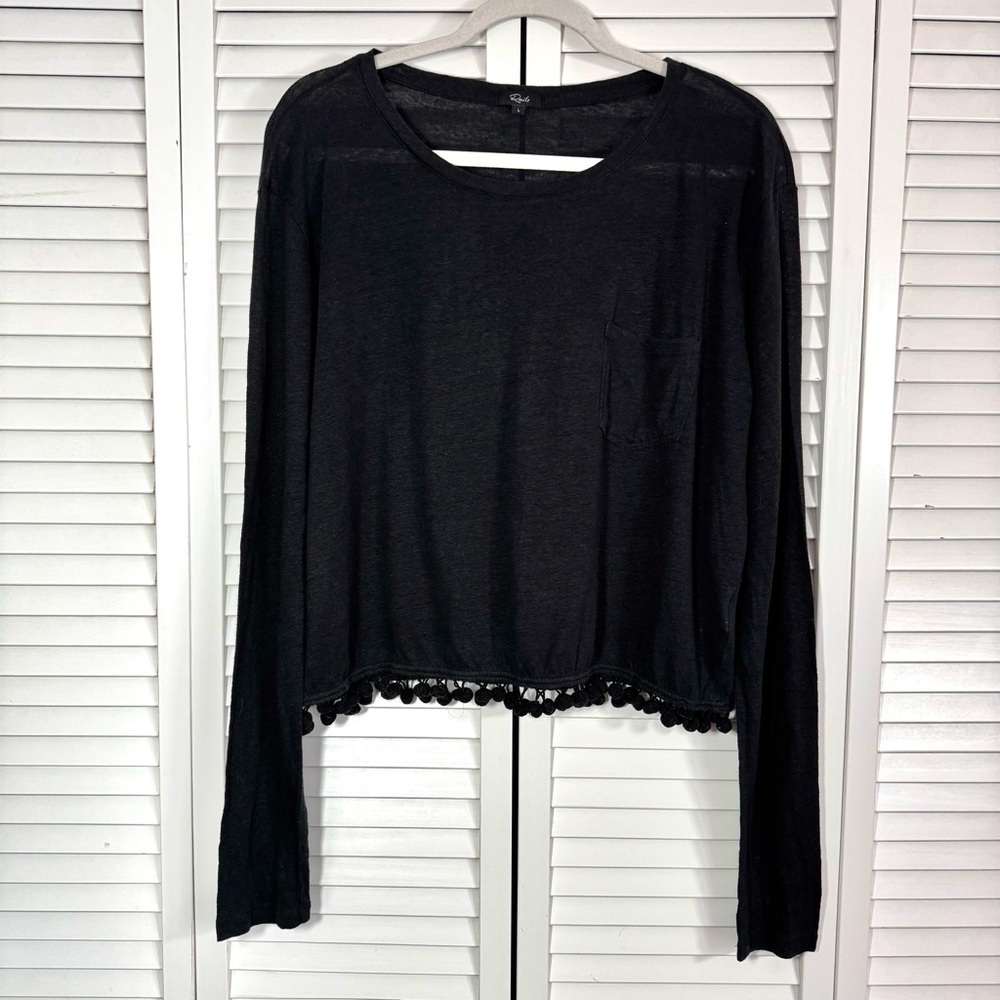 Rails Lara Black Pom Pom Trim Linen Blend Long Sleeve Top Slouchy Size Large